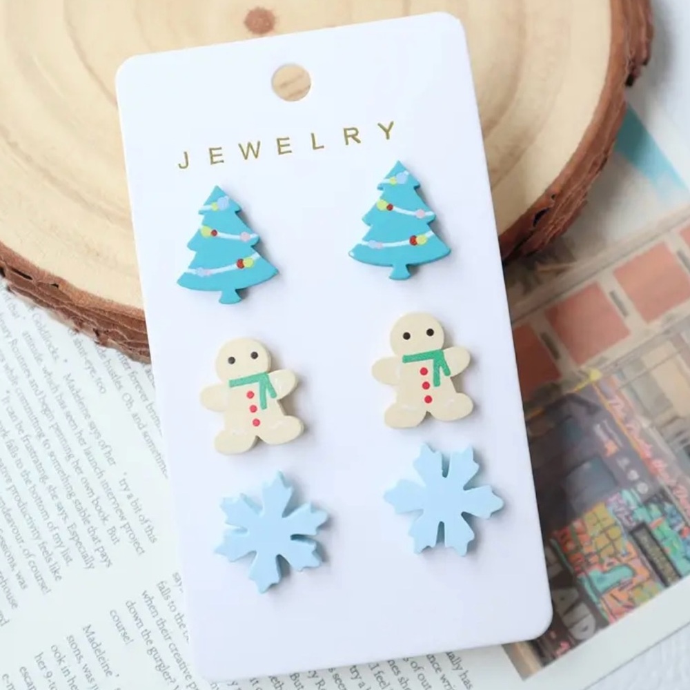 Festive Holiday Earrings Set - Blue, Cream, and White